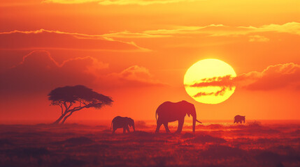 Fototapeta premium silhouette of African wildlives in sunset 