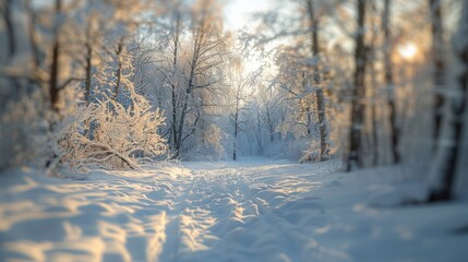Fototapeta premium A snowy forest with a path through it