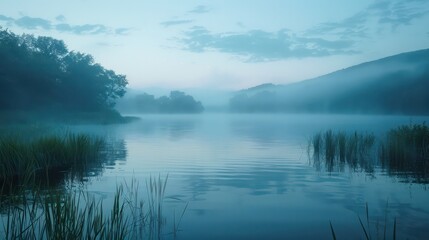 Fototapeta premium A lake with foggy mountains in the background