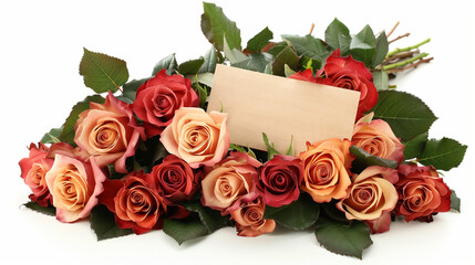 Bouquet of roses, with a card, on the ground, top view, white background 