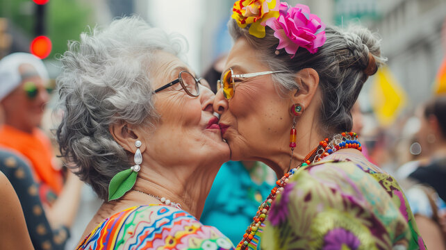 Zwei &auml;ltere Frauen k&uuml;ssen sich beim Umzug