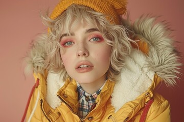  Studio portrait of a young man with a guitar, long hair and glasses, sitting on a stool, isolated on white background, professional photography