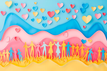 Colorful people holding hands on pastel background wth hearts