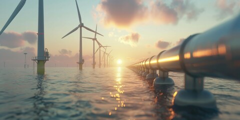 Wind turbines standing tall in the ocean, with waves and sunlight creating a dramatic scene