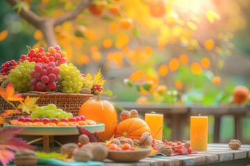 Naklejka premium Autumn harvest scene with pumpkins, grapes, nuts, and candles on a rustic table outdoors under golden sunlight, create a warm and cozy atmosphere.