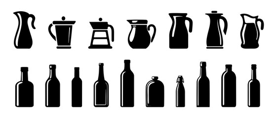 beer bottle, glass Jug and bottles silhouette black filled vector Illustration icon