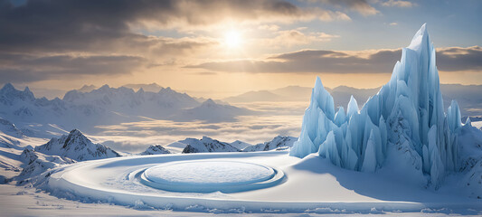 Ice background podium cold winter snow product platform floor frozen mountain iceberg.Podium glacier cool ice background stage landscape display icy stand 3d water nature pedestal arctic concept cave	