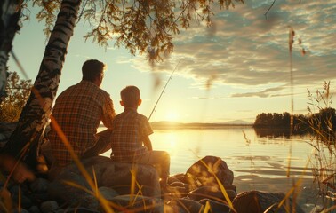 Back view of father and son fishing at the lake, family life on summer vacation