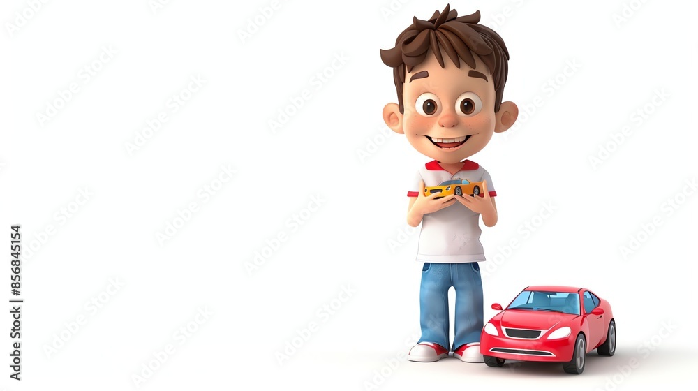 Poster A cartoon boy holding a toy car and standing in front of a red toy car.