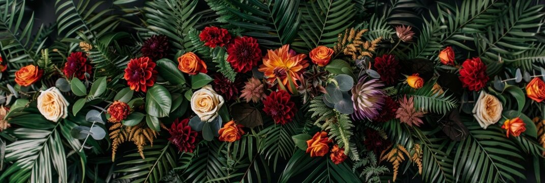 Exquisite exotic flower arrangement in opulent garden venue for exclusive events