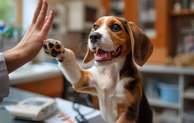 Beagle high-fives veterinarian, pet hospital, veterinarian treating pet