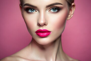 Fototapeta premium A woman with a pink lip color and blue eyes