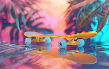 Yellow skateboard on summer background