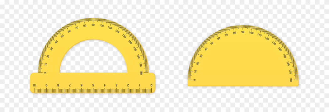 Set of realistic vector protractors png. Yellow protractor. Various types of protractors.  School supplies png.