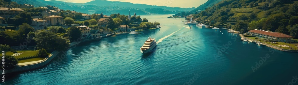 Wall mural aerial view of a stunning river cruise ship navigating through a picturesque valley surrounded by lu - Wall murals