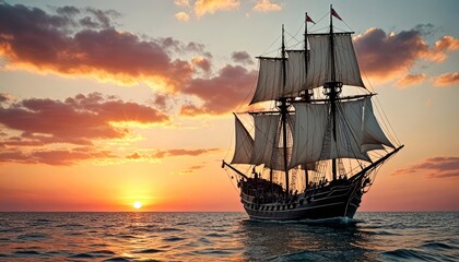 Silhouette of an ancient ship at sunset at sea