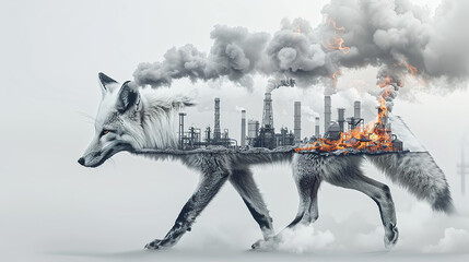 white fox made of smoke and fire, with an industrial plant in the background, on a white background