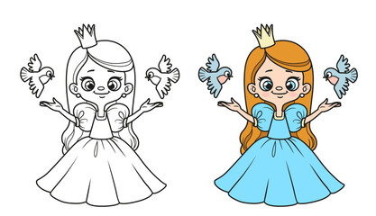 Cute cartoon little longhaired princess with birds coloring page