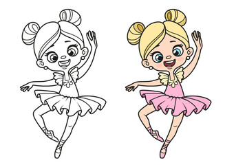 Cute cartoon little ballerina girl in pink dress dancing on one leg coloring page
