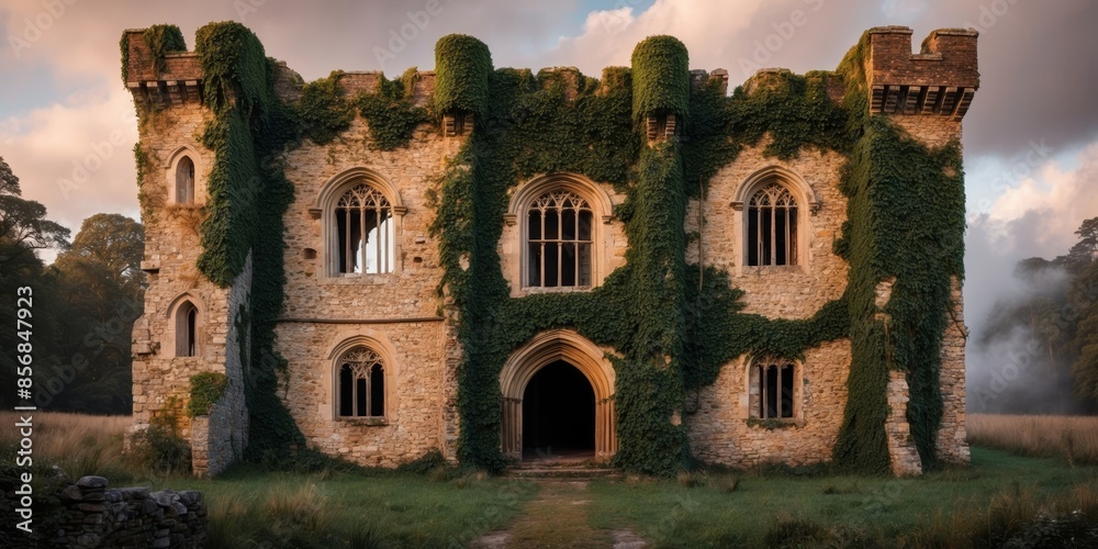 Poster A decaying stone castle with ivy growing on its walls