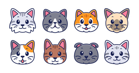 Set of cute cat face with various breed vector illustration