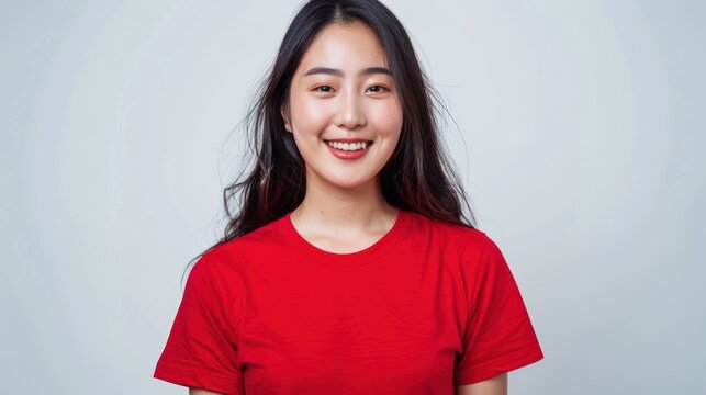 Red t-shirt worn by a happy, attractive young Asian woman against a white background. Happy soccer supporters - Powered by Adobe