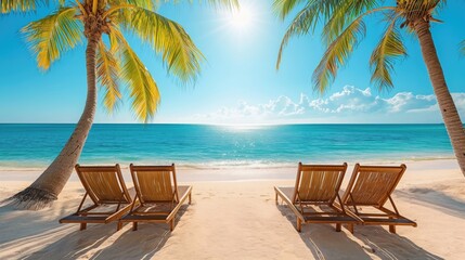Sun loungers on the white sand on turquoise ocean beach and blue sky with sun and clouds