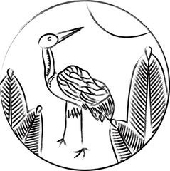 筆書き円形花札　睦月　松　鶴　1月　松に鶴