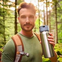 A Hiker In The Forest Drink From a Reusable Water Bottle