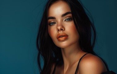 A brunette female model is showing her beautiful hair and stylish makeup, hair salon advertising background, cosmetic skin care product advertising background