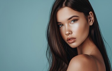 A brunette female model is showing her beautiful hair and stylish makeup, hair salon advertising background, cosmetic skin care product advertising background