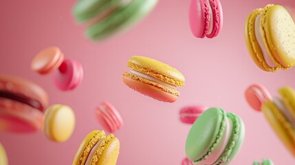 A delightful photo capturing colorful floating macarons in a sweet dessert setting