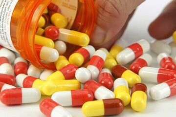 Hand reaching for pills with bottle spilled, focus on medication, white background close up