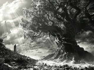 A person stands near a tall tree, possibly in a forest or park