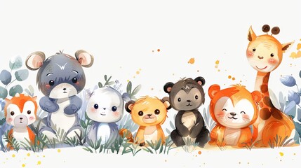 A beautifully crafted lineup of forest and jungle baby animals in watercolor, including a koala and a panda