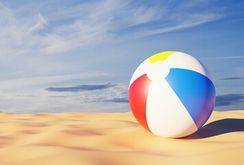 A vibrant beach ball rests on golden sand against a bright blue sky, evoking the essence of summer and the beach. 3d-rendering