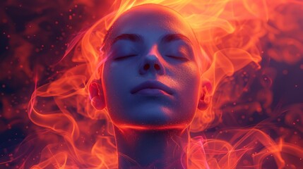 Tranquil woman's face with eyes closed against a fiery orange background, representing meditative and ethereal calm