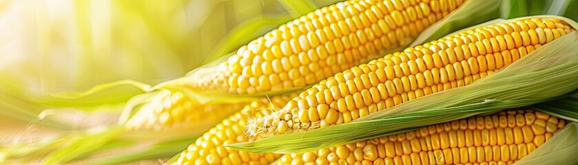 Fresh golden corn cobs in green husks with sunlight. Perfect image for agriculture, organic farming, and healthy eating concepts.