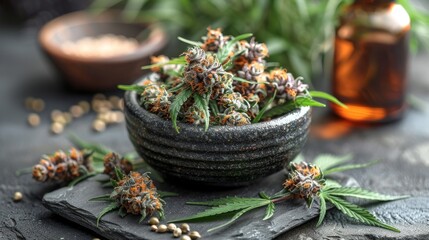 High-quality cannabis buds in a stone bowl with hemp seed oil extract