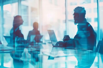 A Silhouetted Businessman Working On Laptop In Modern Office During Daylight Hours