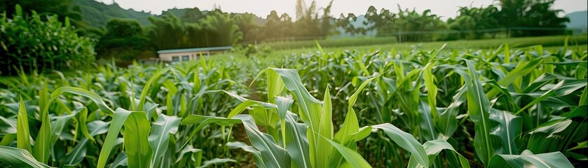 Fototapeta premium Lush green cornfield at sunset with tall corn plants, mountains in the background, and the rays of the setting sun illuminating the scene.