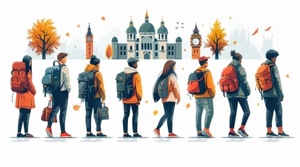 Internal and vocational education, educational tourism concept, Business coach, student group, education abroad. set flat vector modern illustration