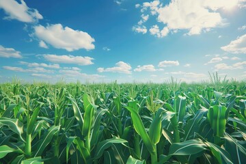 Lush green cornfield under a bright blue sky with fluffy white clouds on a sunny day, representing agriculture and nature.