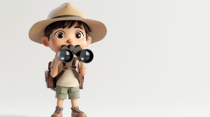 Cute cartoon boy explorer looking through binoculars.