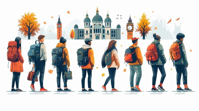 Internal and vocational education, educational tourism concept, Business coach, student group, education abroad. set flat vector modern illustration