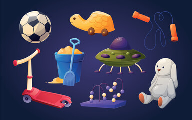 Multi-colored variety of children's toys. Set of vector isolated cartoon illustrations for kids game.