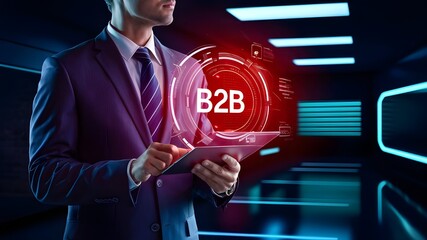 B2B: Businessman in a suit holding a tablet with a glowing red B2B hologram, Business-to-business (B2B) digital business models concept, B2B Marketing Management in the Web.
