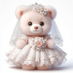 A kind fluffy teddy bear in the bride dress on a white background