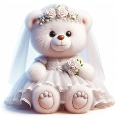 A kind fluffy teddy bear in the bride dress on a white background