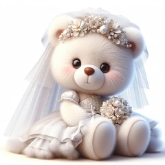 A kind fluffy teddy bear in the bride dress on a white background